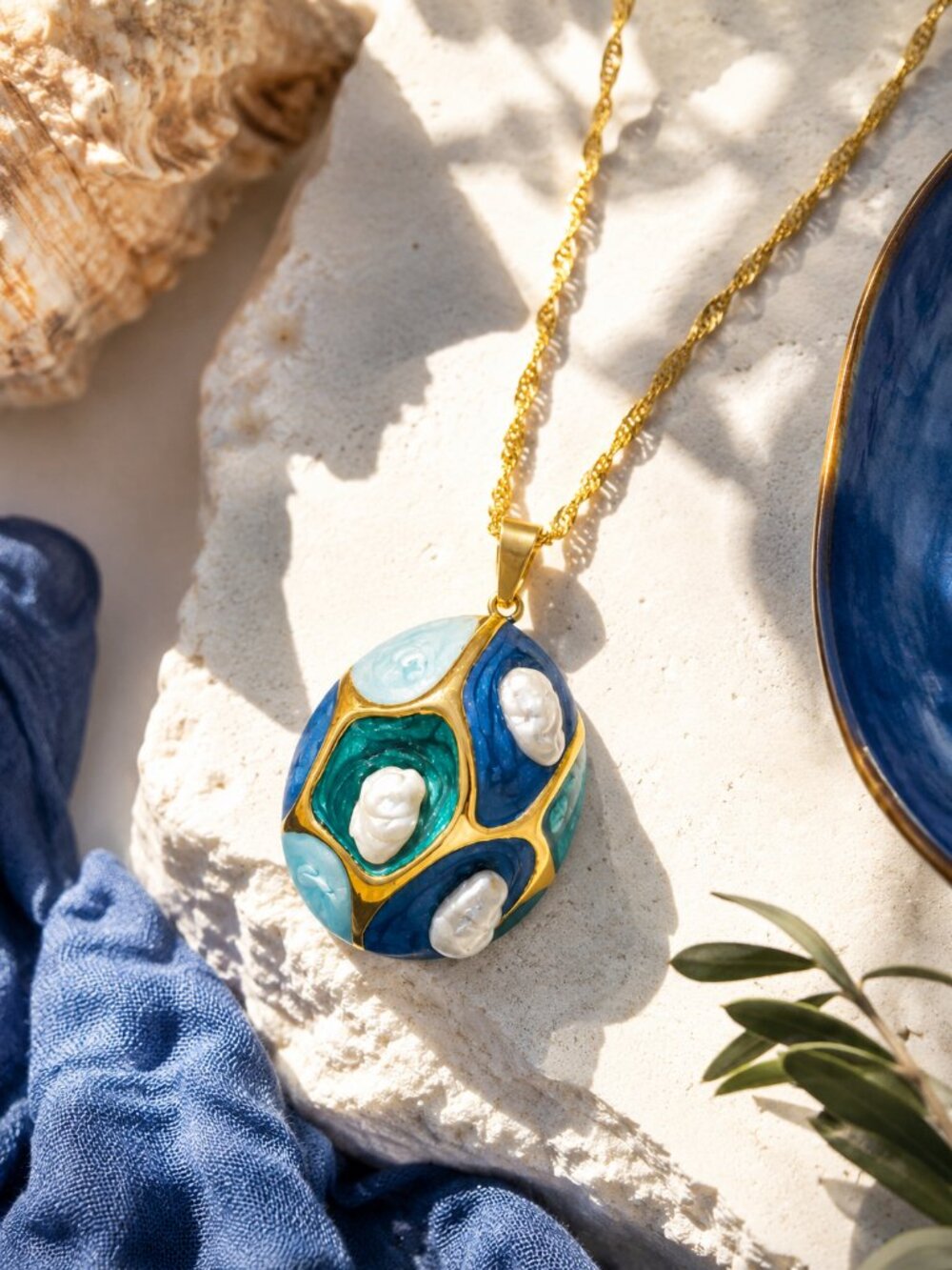 Artisan Gold Enamel Pendant Necklace Freshwater Pearl Stainless Steel OOAK